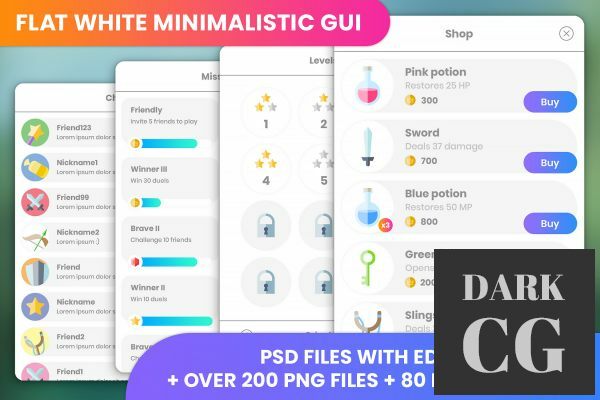 Unity Asset – Flat white, minimalistic GUI – 4k, over 200 PNG files!