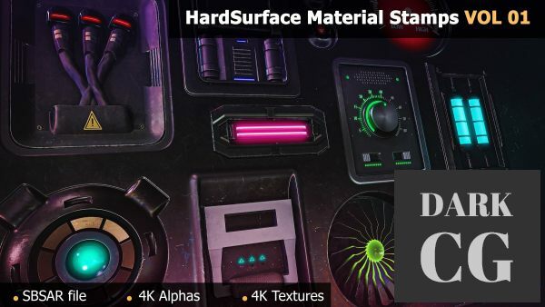 15 HardSurface Material Stamps Emissive HardSurfaces 4k Textures Alphas 3 Free Samples VOL 01