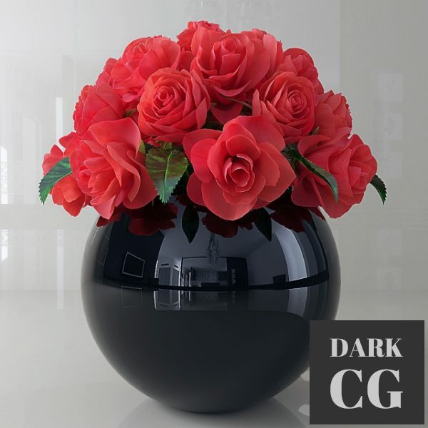3D Model Bouquet of roses in a round black vase