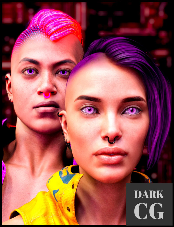 Daz3D, Poser: M3D CyberPunk Hair, Eye and Earrings for Genesis 8 and 8.1 Females