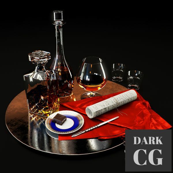 3D Model Set whiskey and cognac decanter on dish