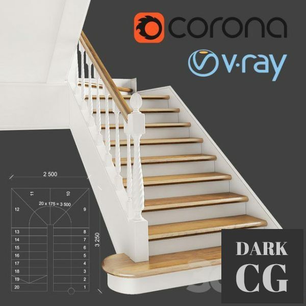 3D Model Classic two march staircase with staggered steps