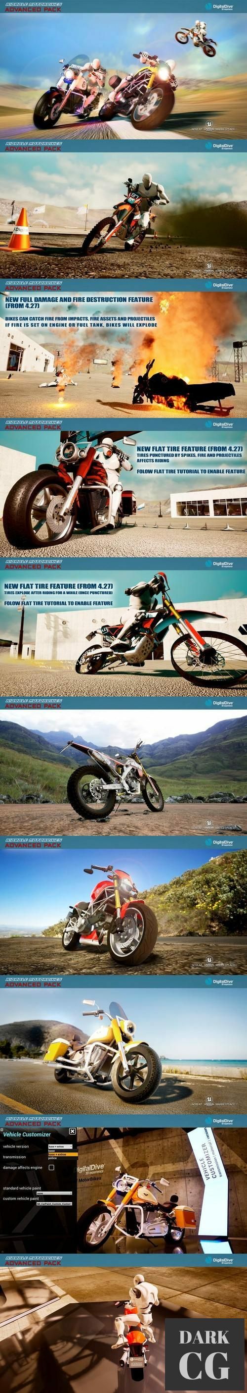 Unreal Engine Ridable MotorBikes Multiplayer Advanced Pack 3 Bikes damage animations