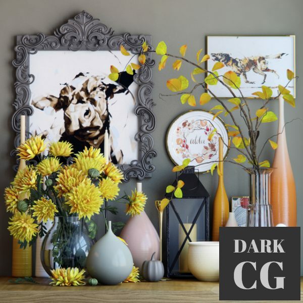 3D Model Autumn set with chrysanthemums