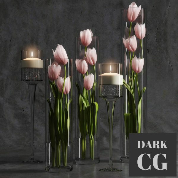3D Model Bouquet of tulips in a vase and candles