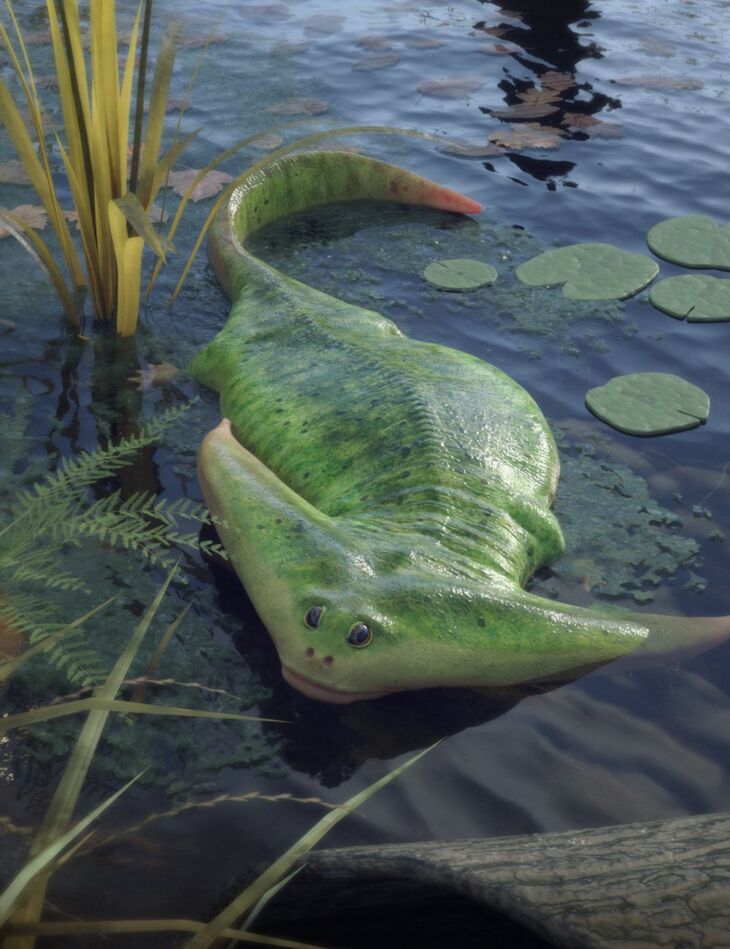 Prehistoric Amphibian Diplocaulus and Dragonfly Prey