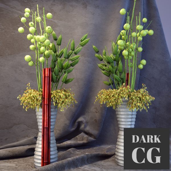 3D Model Vase with flowers with bamboo