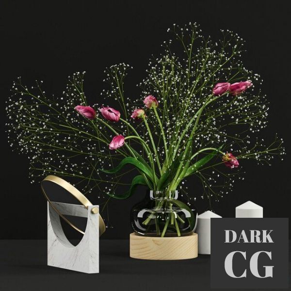 3D Model Pink tulips and gypsophila set