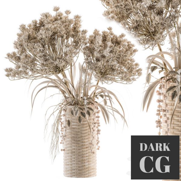 3D Model Dry plants 22 dried Bouquet in Wicker Basket Vase