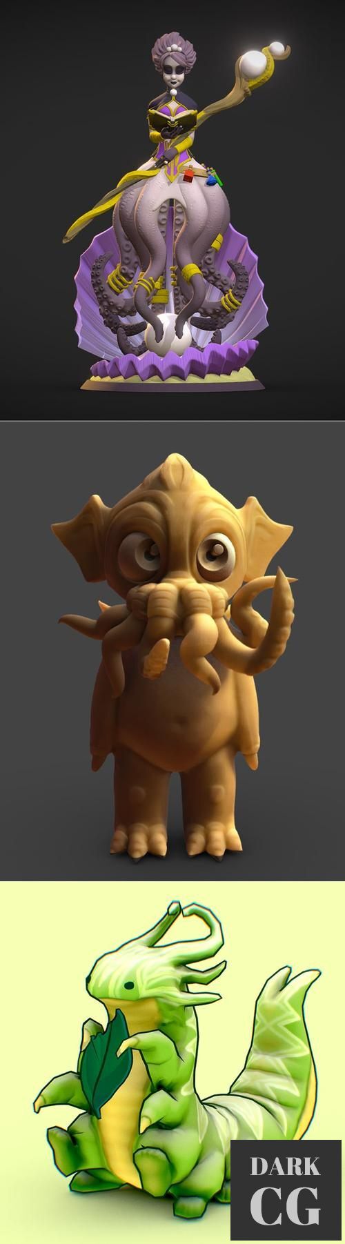 3D Model Subsurface Scattering Demo and Stylized Dragon Headed Caterpillar and Mage Mermaid 3D Print