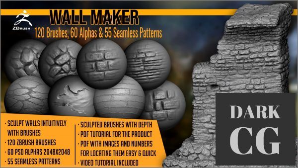 ArtStation – Wall Maker 120 ZBrush Brushes, 60 Alphas, and 55 Pattern