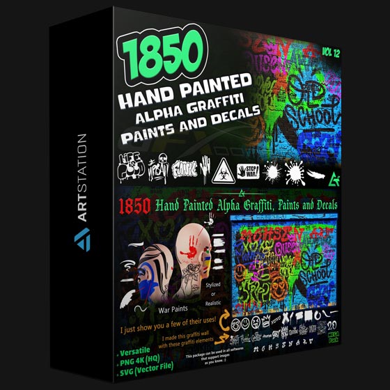 ArtStation 1850 Hand Painted Alpha Graffiti Paints Decals MEGA Pack Vol 12 by Art Talent Studio